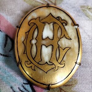 Monogram CH HC Porcelain Ceramic Gold Wash Antique C Clasp Brooch Prong Set OLD